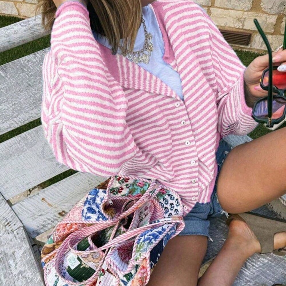 Pink Loose Women's Striped Knit Cardigan